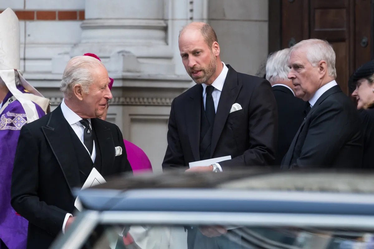 LONDON, UNITED KINGDOM - SEPTEMBER 16, 2025: King Charles III, Prince Andrew, Duke of York and William, Prince of Wales attend Requiem Mass service at Westminster Cathedral for the Duchess of Kent who died aged 92 earlier this month in London, United Kingdom on September 16, 2025. The service was the first Catholic funeral held for a member of the Royal Family in modern British history. (Photo credit should read Wiktor Szymanowicz/Future Publishing via Getty Images)