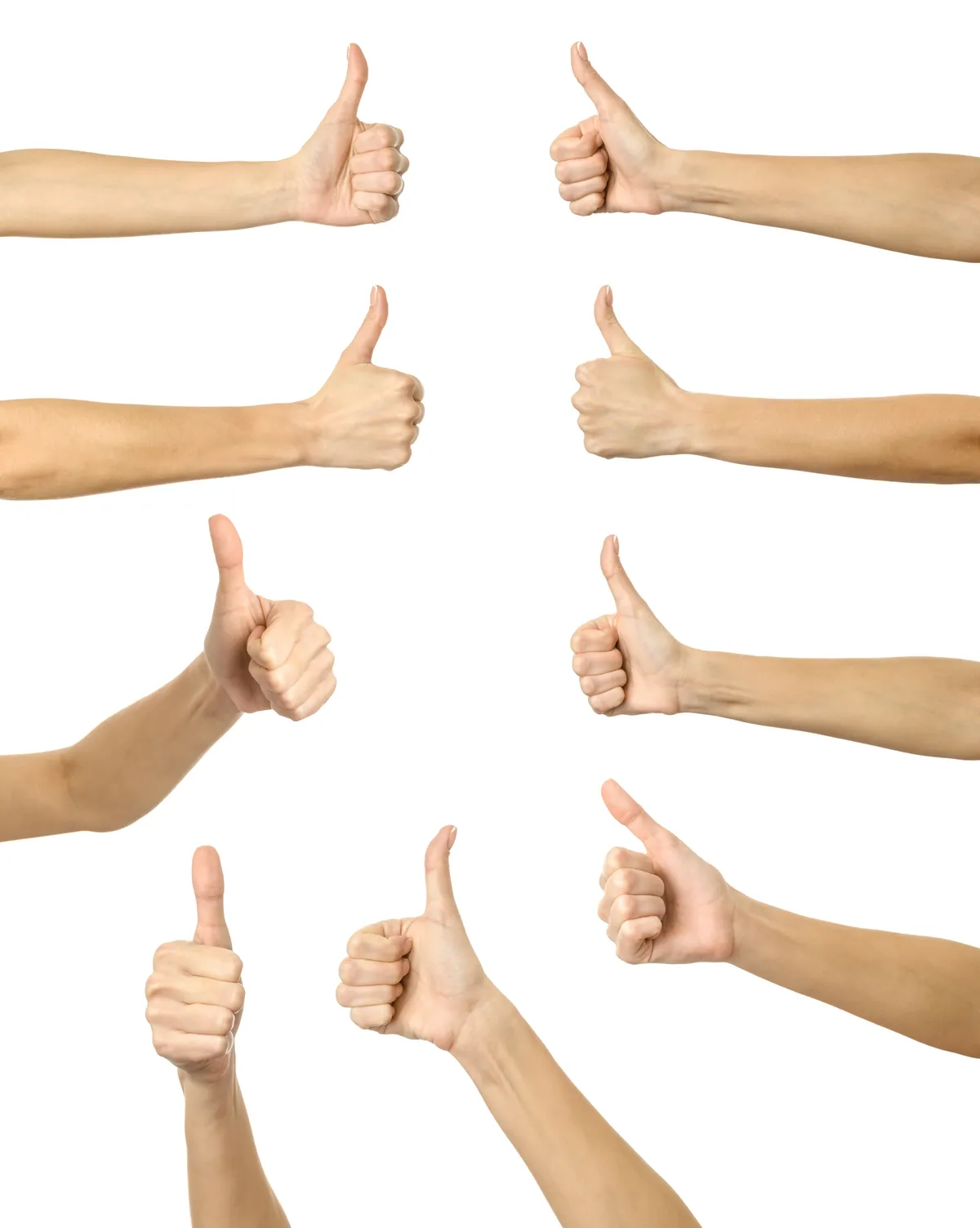 Thumbs Up. Multiple images set of female caucasian hand with french manicure showing Thumbs Up gesture isolated over white background