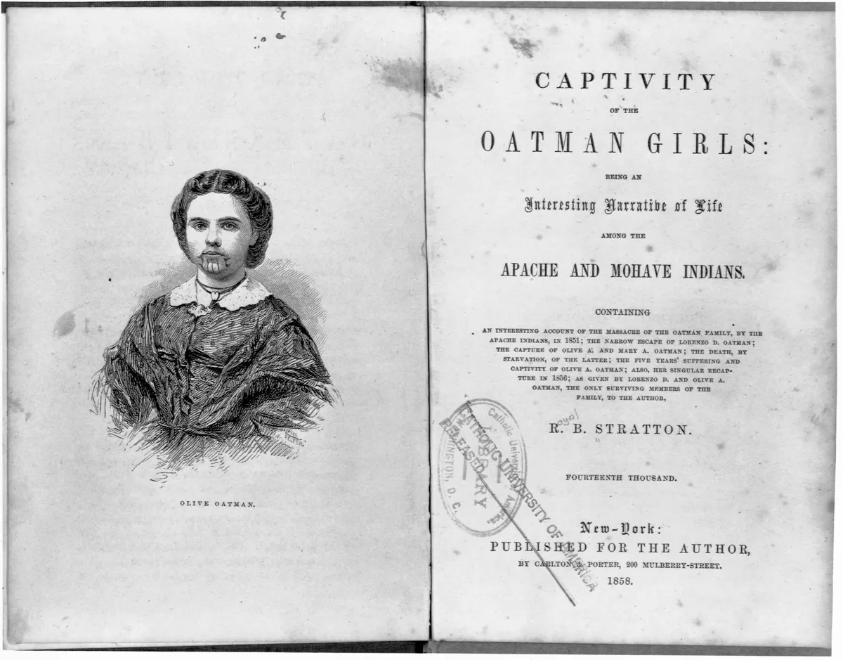 A bust engraving of Olive Oatman and the title page of the book Captivity of the Oatman Girls: being an interesting narrative rife among the Apache and Mohave Indians. (Photo by Library of Congress/Corbis/VCG via Getty Images)