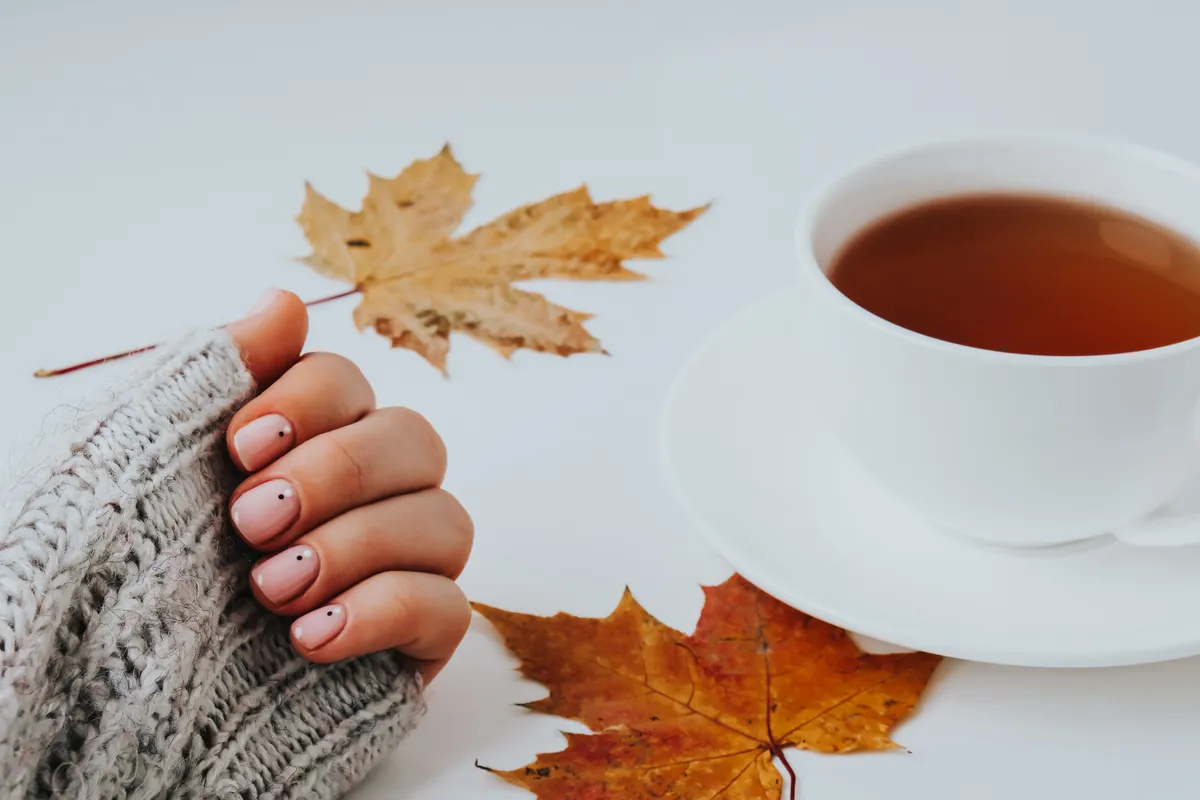 Woman,Hands,With,Beautiful,Nude,Manicure,Holding,Autumn,Leaves.,Female