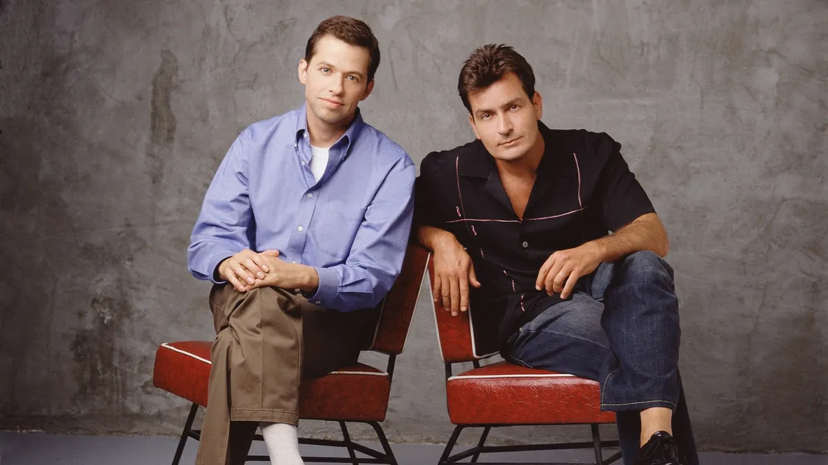 LOS ANGELES - JULY 31: Charlie Sheen (left) and Jon Cryer (right) star as Charlie and Alan Harper in the new television comedy TWO AND A HALF MEN, on the CBS Television Network. (Photo by E.J. Camp/CBS via Getty Images)