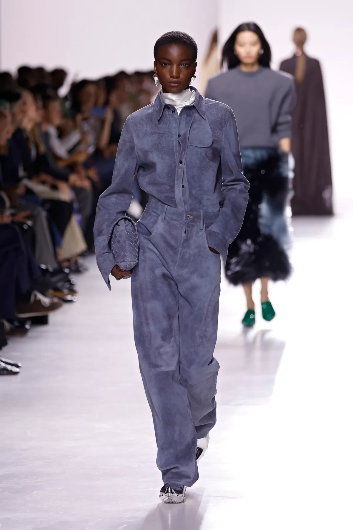 MILAN, ITALY - SEPTEMBER 26: A model walks the runway at the Bottega Veneta fashion show during the Milan Womenswear Spring/Summer 2026 on September 26, 2025 in Milan, Italy. (Photo by Estrop/Getty Images)