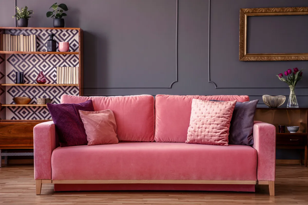 Pink velvet couch with decorative pillows standing in grey living room interior with vintage cupboard, fresh plants and molding on the wall