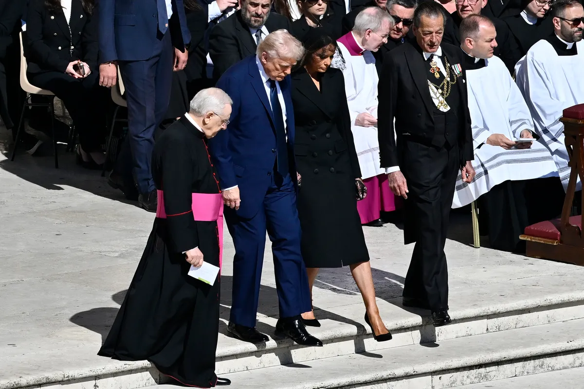 VATICAN CITY, VATICAN - APRIL&nbsp;26: US President Donald Trump and US First Lady Melania Trump during the funeral of Pope Francis in St. Peter’s Square on April 26, 2025 in Vatican City, Vatican. Pope Francis died on April 21st at the age of 88. Born in Argentina as Jorge Mario Bergoglio, he was the first Latin American and the first Jesuit to become Pope when elected in 2013. Taking the name Francis after St Francis of Assisi, he promoted a more humble version of the papacy than many of his predecessors. He will be buried outside of the Vatican in a simple wooden coffin at the Basilica Santa Maria Maggiore.  (Photo by Antonio Masiello/Getty Images)