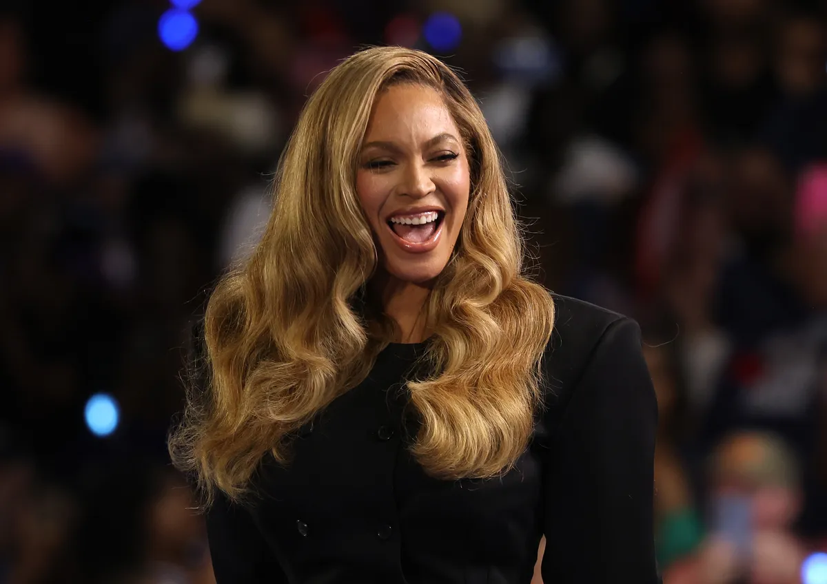 HOUSTON, TEXAS - OCTOBER 25: Beyoncé looks on during a campaign rally with Democratic presidential nominee, U.S. Vice President Kamala Harris, at Shell Energy Stadium on October 25, 2024 in Houston, Texas. Vice President Kamala Harris is campaigning in Texas holding a rally supporting reproductive rights with recording artists Beyoncé and Willie Nelson. (Photo by Justin Sullivan/Getty Images)