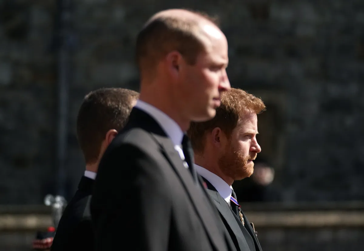 WINDSOR, ENGLAND - APRIL 17: Prince William, Duke of Cambridge and Prince Harry arrive for the funeral of Prince Philip, Duke of Edinburgh at St George's Chapel at Windsor Castle on April 17, 2021 in Windsor, England. Prince Philip of Greece and Denmark was born 10 June 1921, in Greece. He served in the British Royal Navy and fought in WWII. He married the then Princess Elizabeth on 20 November 1947 and was created Duke of Edinburgh, Earl of Merioneth, and Baron Greenwich by King VI. He served as Prince Consort to Queen Elizabeth II until his death on April 9 2021, months short of his 100th birthday. His funeral takes place today at Windsor Castle with only 30 guests invited due to Coronavirus pandemic restrictions. (Photo by Victoria Jones - WPA Pool/Getty Images)