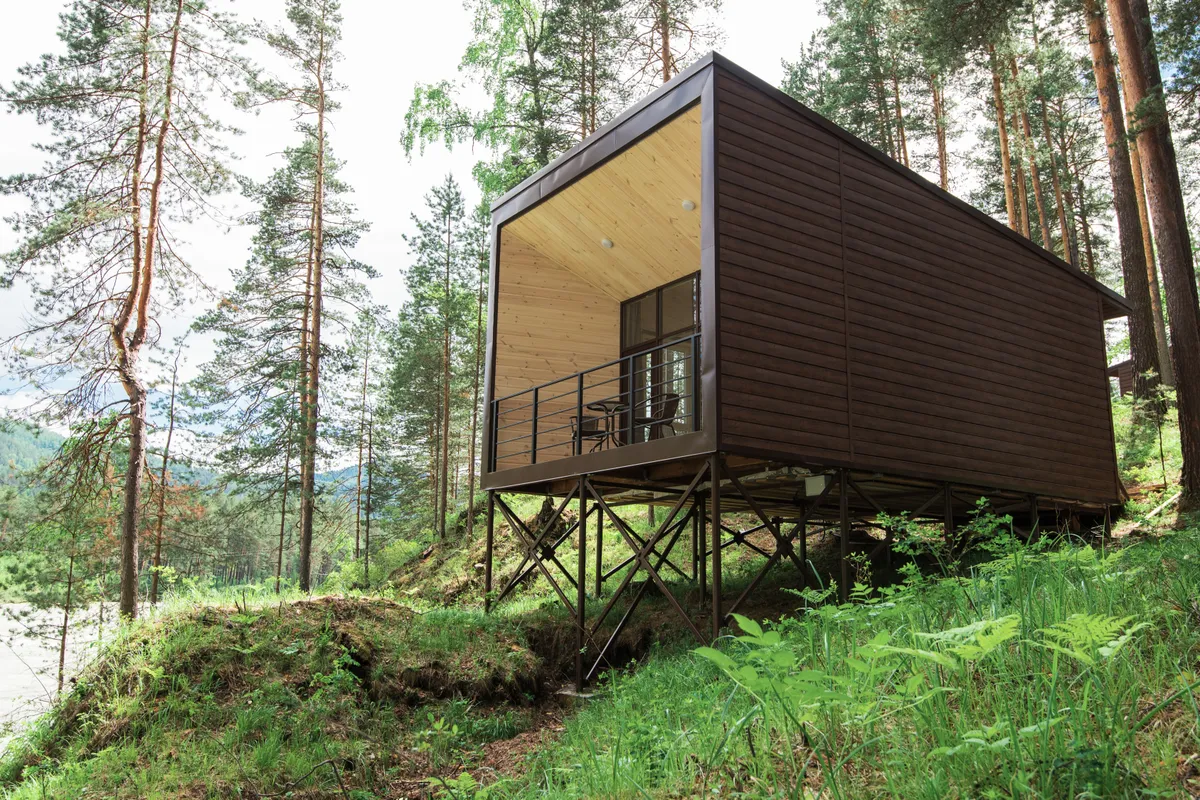 House or hotel with panoramic windows in pine forest. Beautiful summer morning with light sun. Nature or resting and travel concept