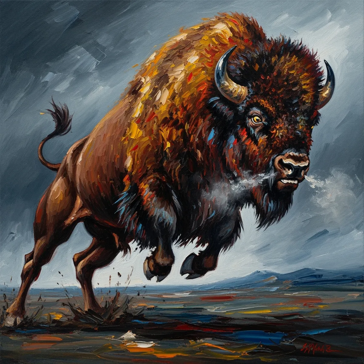 angry jumping bison art